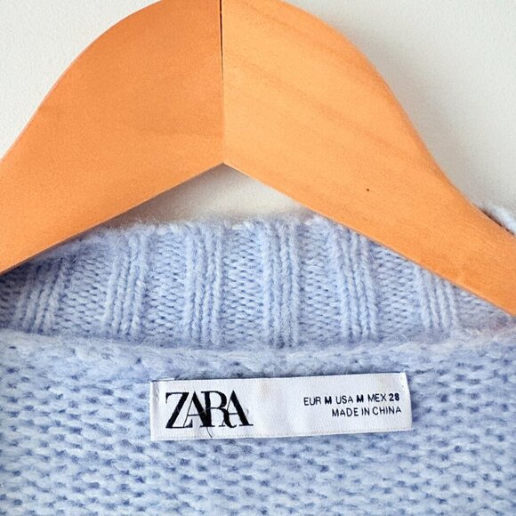 Zara Alpaca Wool Hair Oversized Balloon Sleeve Cardigan Sweater Blue Size Medium - Picture 7 of 8